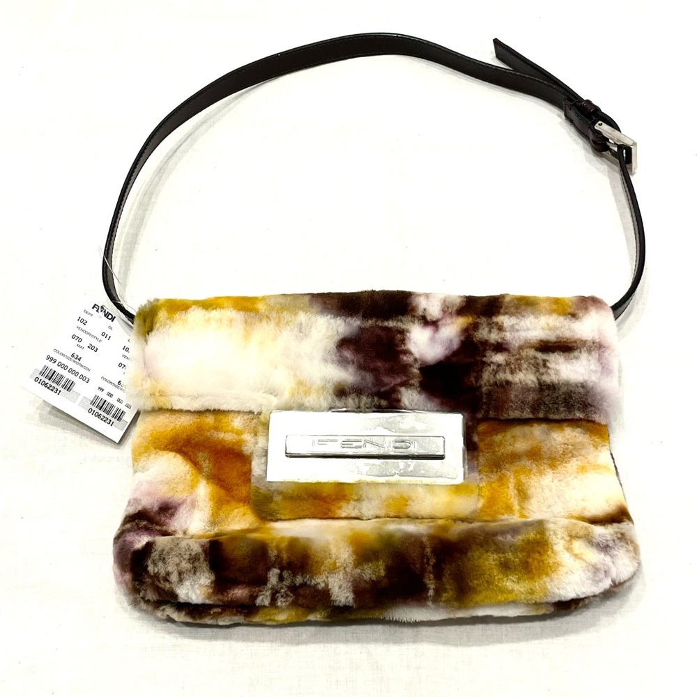 FENDI NWT RARE Fur Vintage Leather Multicolor Silver Yellow Small Baguette Purse